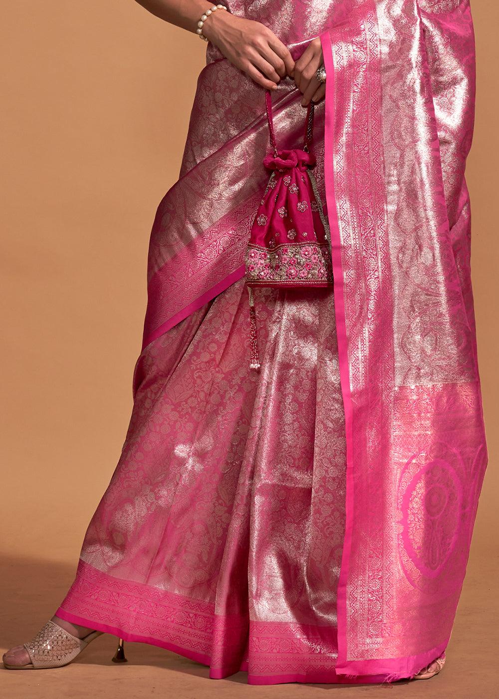 Shades Of Pink Handloom Woven Kanjivaram Silk Saree - qivii