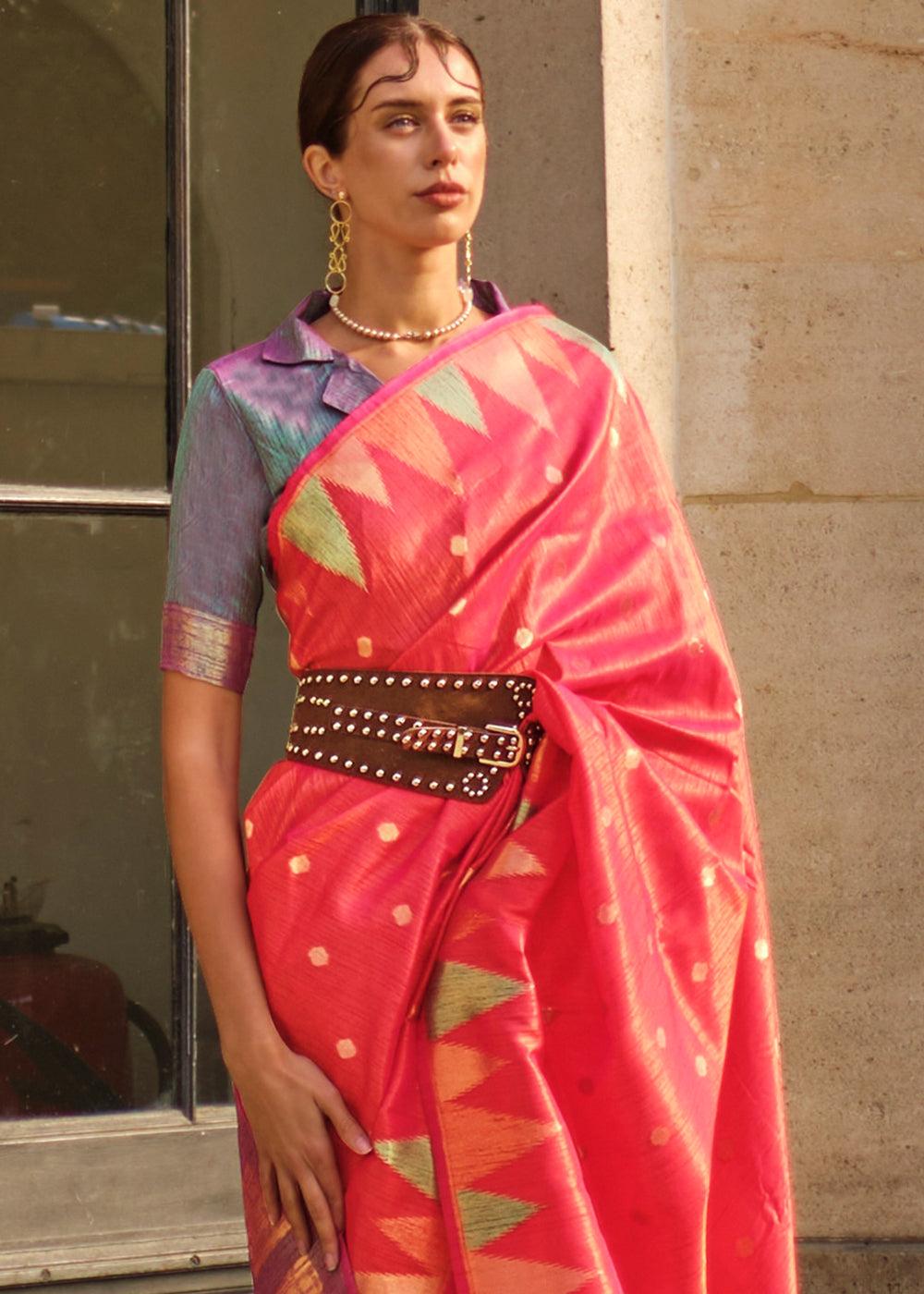 Shades Of Pink Handloom Woven Khadi Silk Saree - qivii