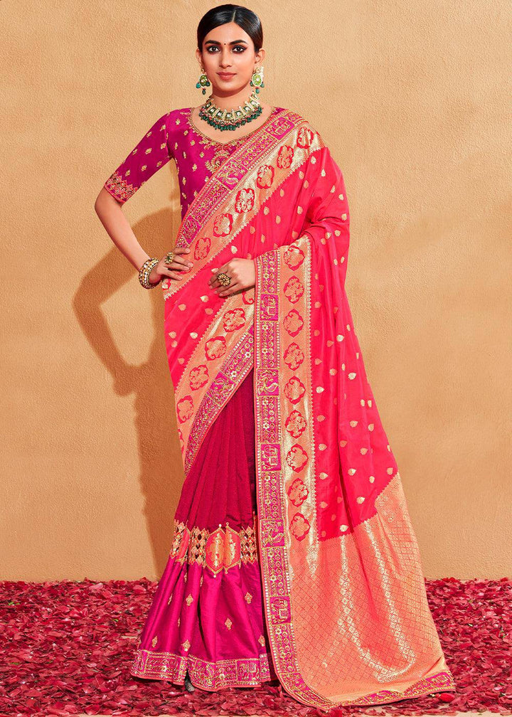 Shades Of Pink Heavy Embroidered Banarasi Silk Saree | Stitched Blouse - qivii