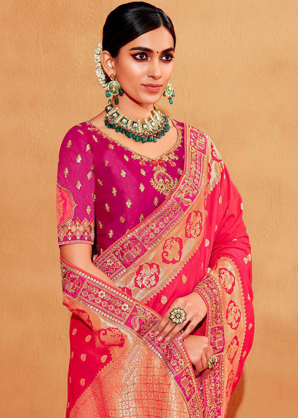 Shades Of Pink Heavy Embroidered Banarasi Silk Saree | Stitched Blouse - qivii