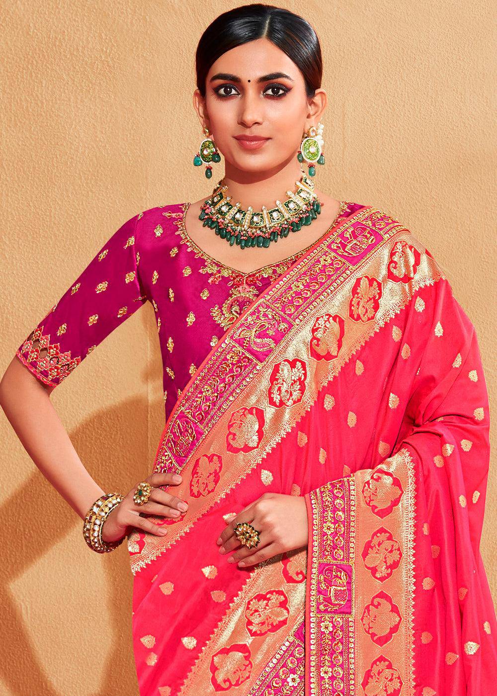 Shades Of Pink Heavy Embroidered Banarasi Silk Saree | Stitched Blouse - qivii