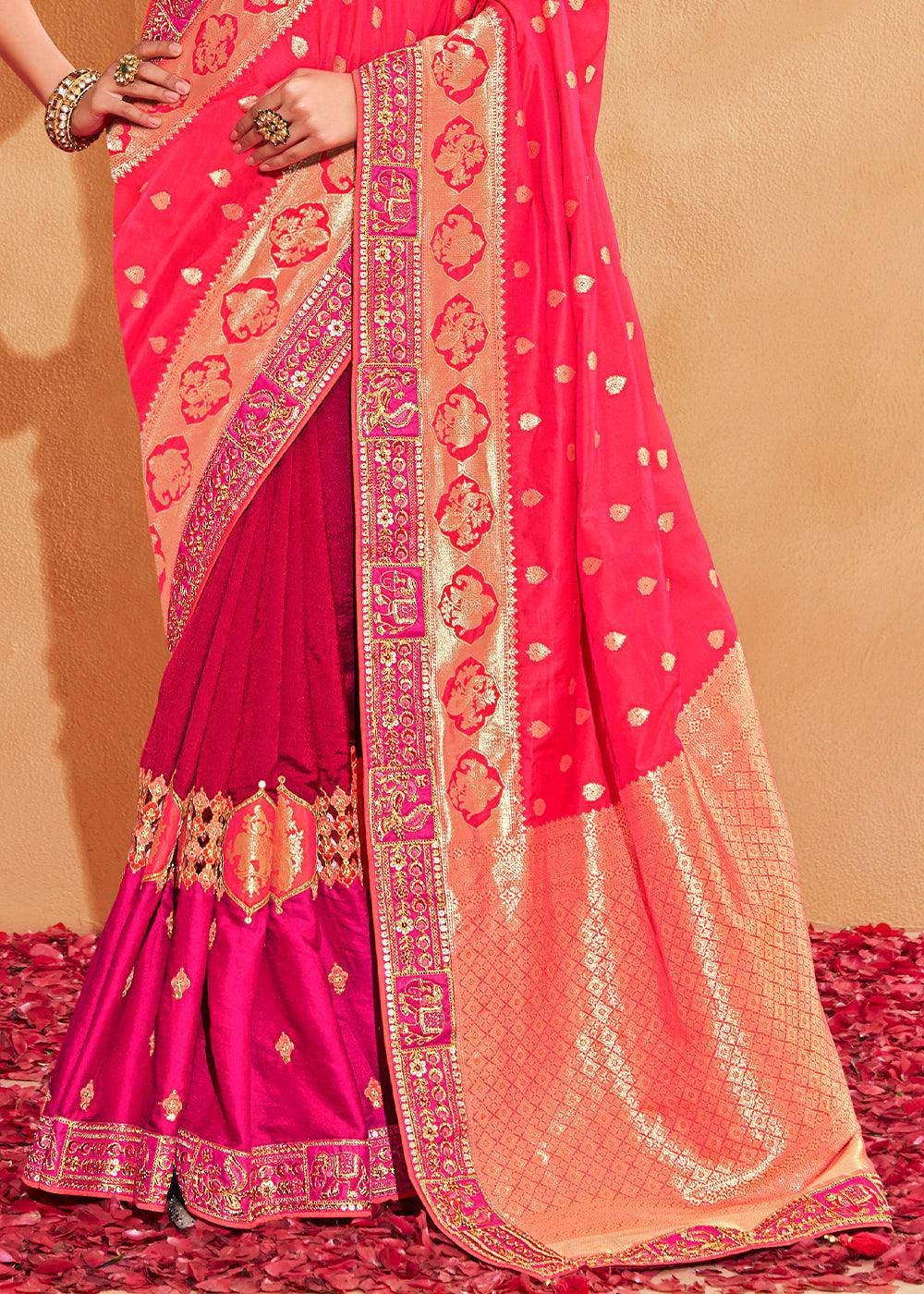 Shades Of Pink Heavy Embroidered Banarasi Silk Saree | Stitched Blouse - qivii