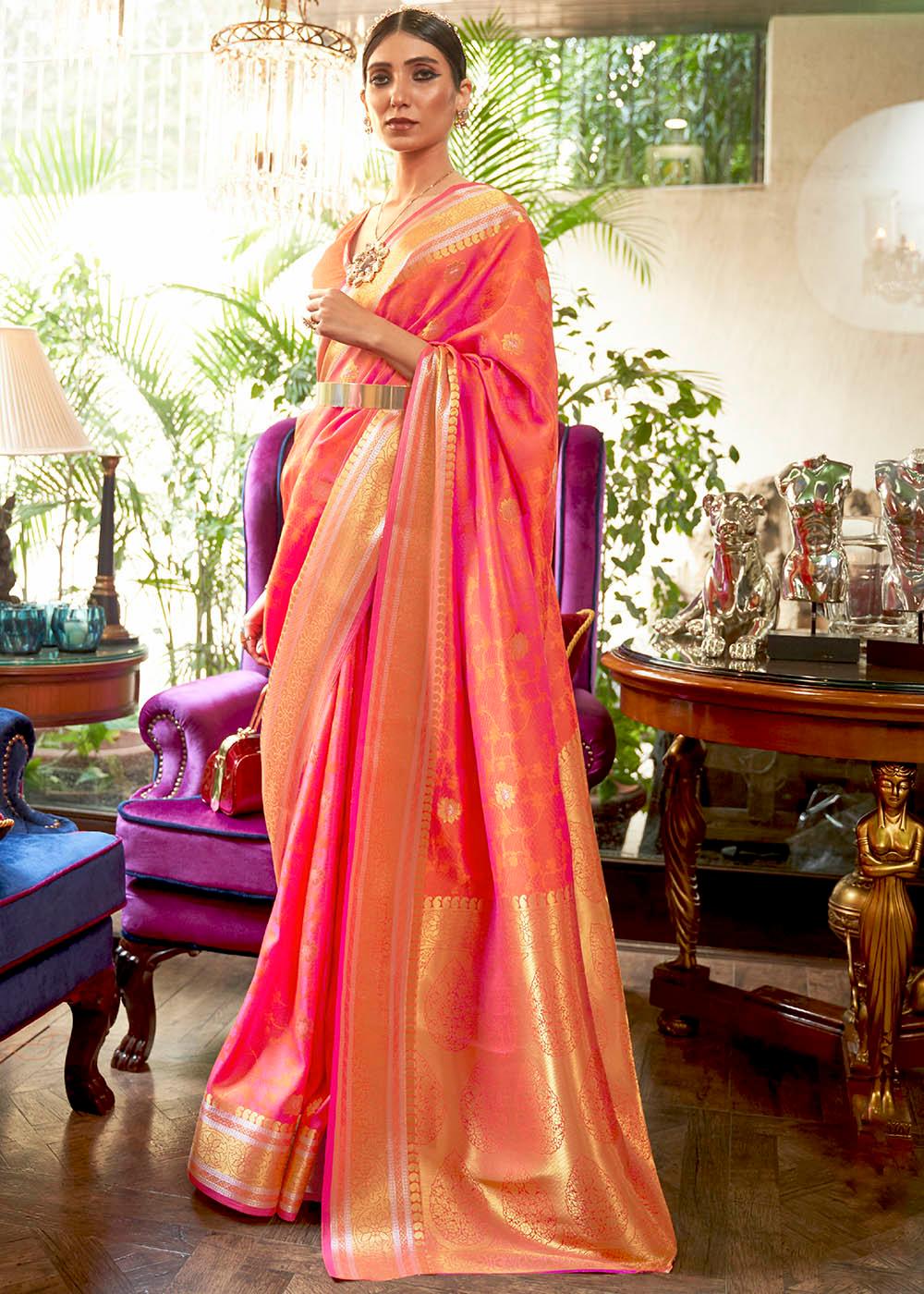 Shades Of Pink Kanjivaram Silk Saree Woven with Silver & Golden Zari | Stitched Blouse - qivii