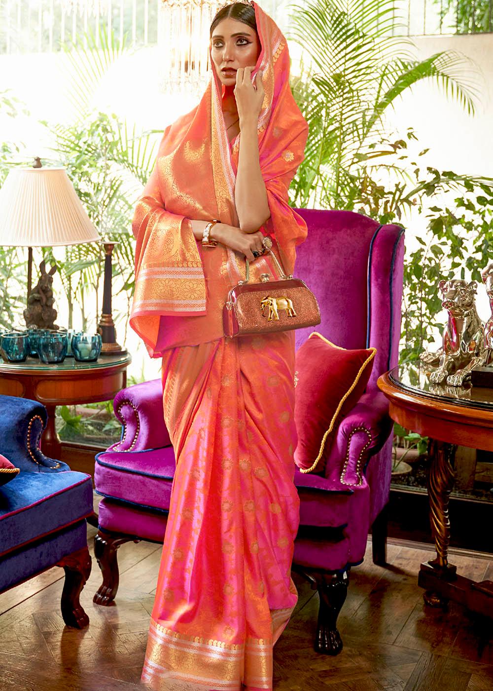 Shades Of Pink Kanjivaram Silk Saree Woven with Silver & Golden Zari | Stitched Blouse - qivii