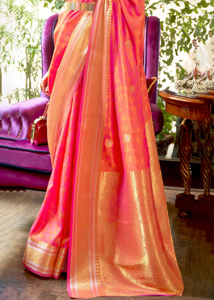 Shades Of Pink Kanjivaram Silk Saree Woven with Silver & Golden Zari | Stitched Blouse - qivii