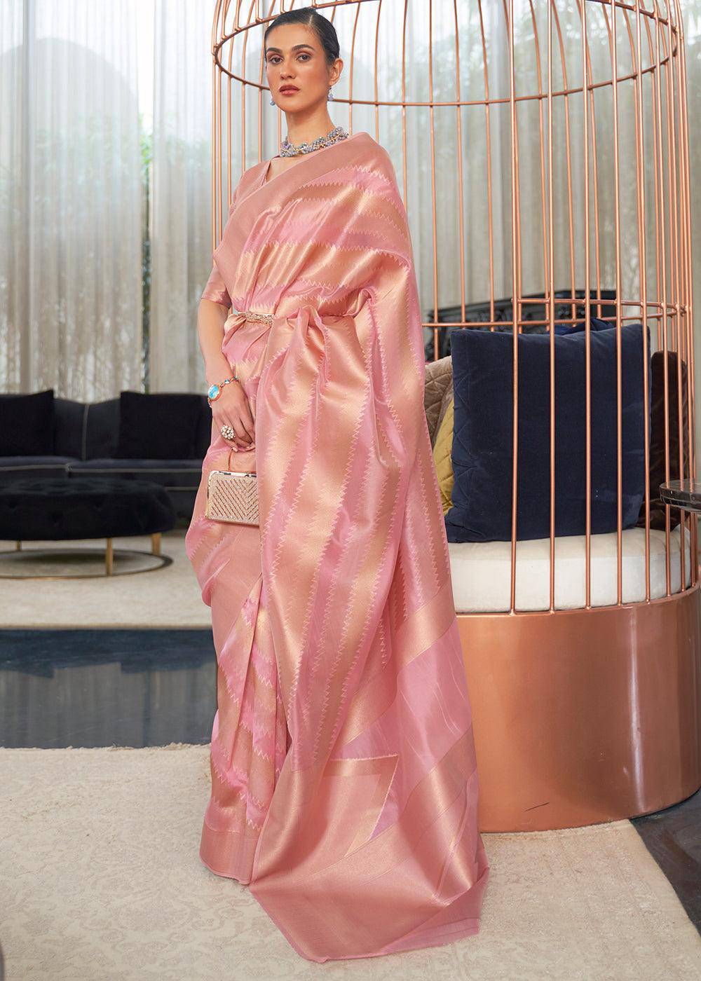 Shades Of Pink Lehariya Handloom Weaving Organza Silk Saree | Stitched Blouse - qivii