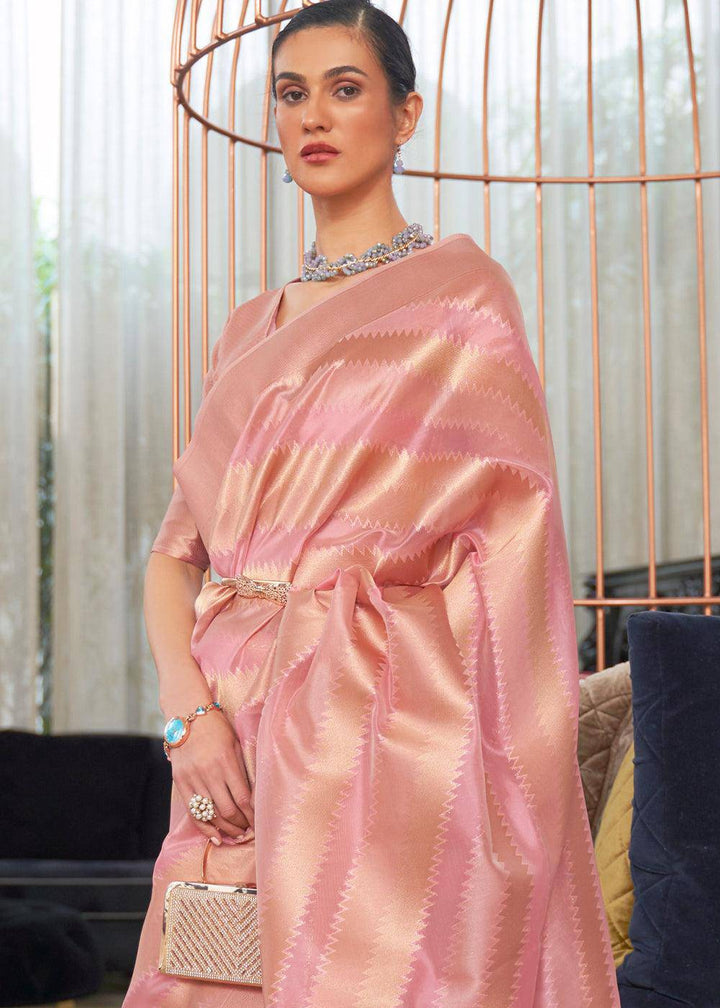 Shades Of Pink Lehariya Handloom Weaving Organza Silk Saree | Stitched Blouse - qivii