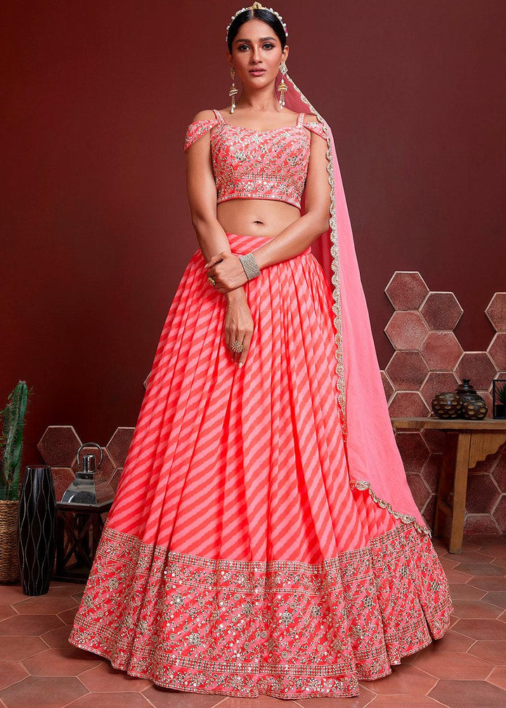 Shades Of Pink leheriya Printed Organza Silk Lehenga Choli with Zari & Sequins work - qivii