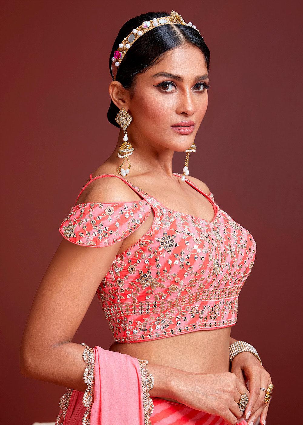 Shades Of Pink leheriya Printed Organza Silk Lehenga Choli with Zari & Sequins work - qivii