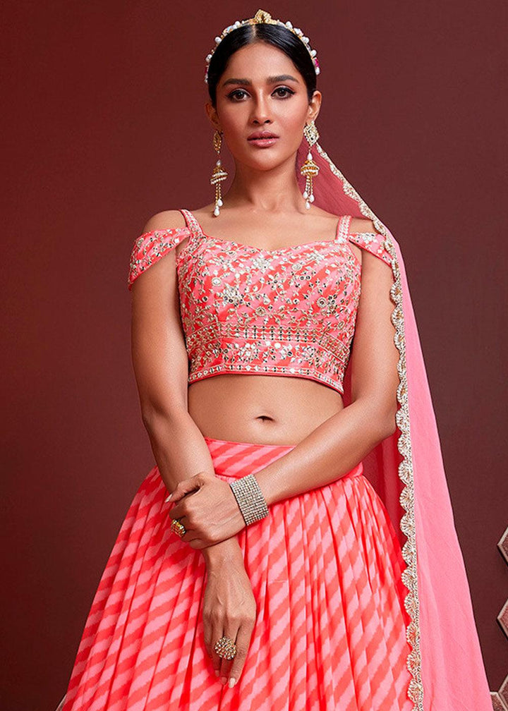 Shades Of Pink leheriya Printed Organza Silk Lehenga Choli with Zari & Sequins work - qivii