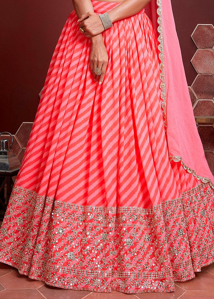 Shades Of Pink leheriya Printed Organza Silk Lehenga Choli with Zari & Sequins work - qivii