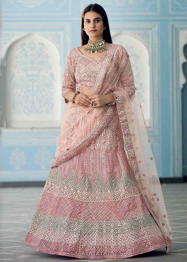 Shades Of Pink Organza Lehenga Choli with Foil,Thread & Mirror work - qivii