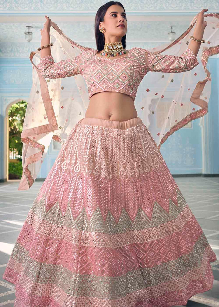 Shades Of Pink Organza Lehenga Choli with Foil,Thread & Mirror work - qivii