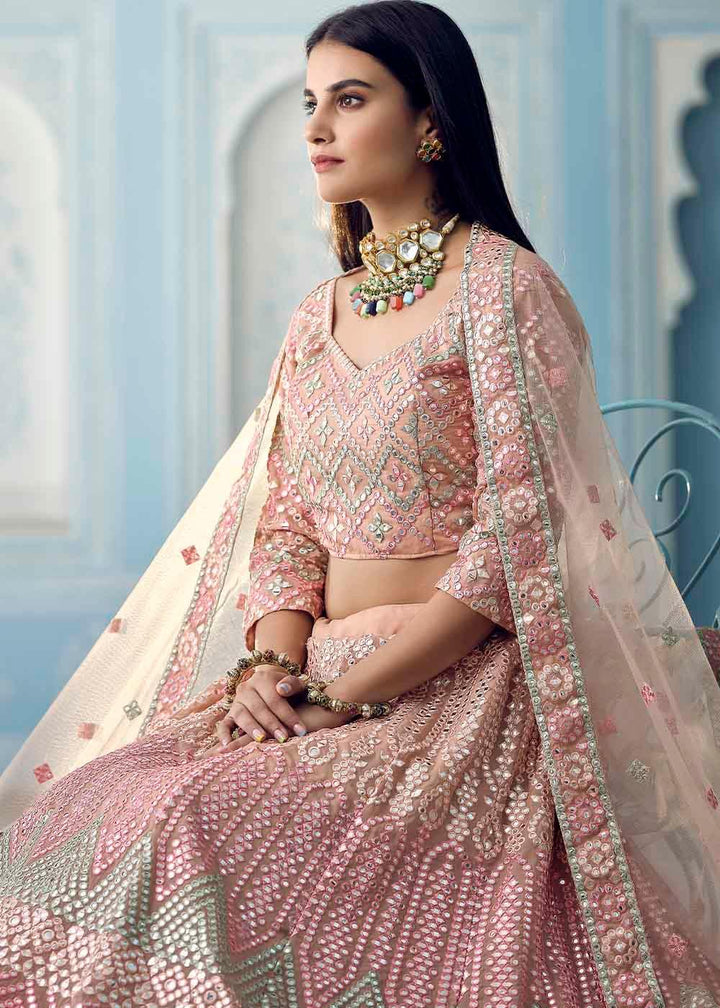 Shades Of Pink Organza Lehenga Choli with Foil,Thread & Mirror work - qivii