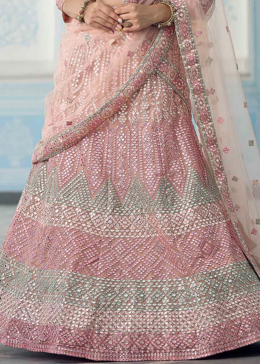 Shades Of Pink Organza Lehenga Choli with Foil,Thread & Mirror work - qivii