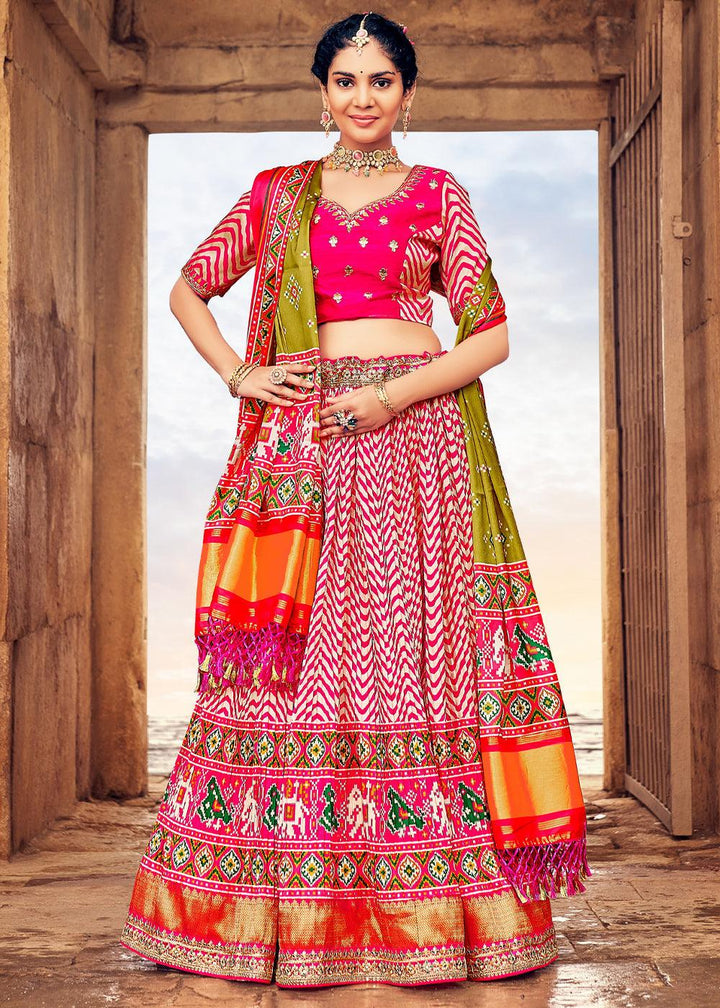 Shades Of Pink Patola Printed Banarasi Silk Lehenga Choli with Embroidery Work - qivii