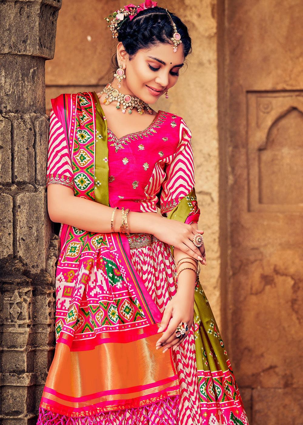 Shades Of Pink Patola Printed Banarasi Silk Lehenga Choli with Embroidery Work - qivii