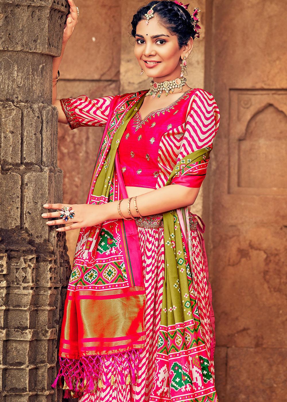 Shades Of Pink Patola Printed Banarasi Silk Lehenga Choli with Embroidery Work - qivii