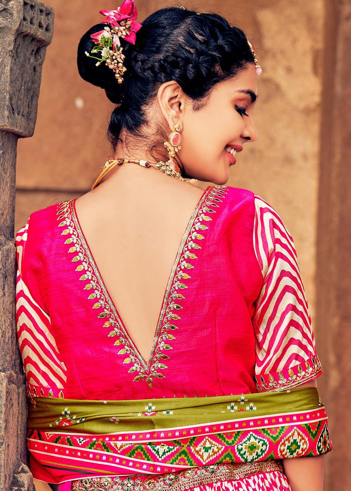 Shades Of Pink Patola Printed Banarasi Silk Lehenga Choli with Embroidery Work - qivii