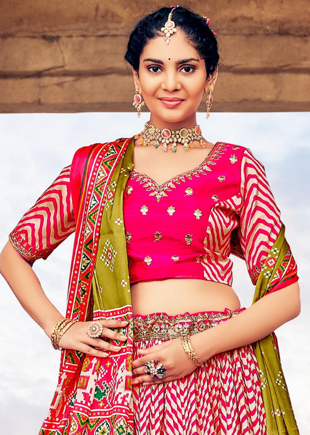 Shades Of Pink Patola Printed Banarasi Silk Lehenga Choli with Embroidery Work - qivii