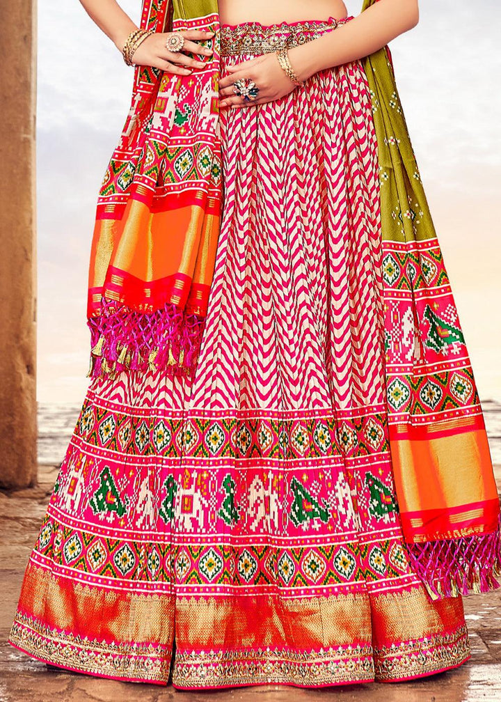 Shades Of Pink Patola Printed Banarasi Silk Lehenga Choli with Embroidery Work - qivii