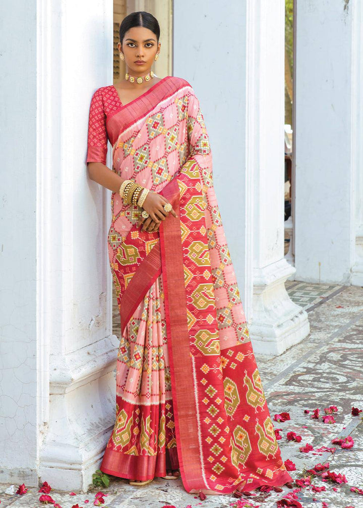 Shades Of Pink Patola Printed Dola Silk Saree | Stitched Blouse - qivii