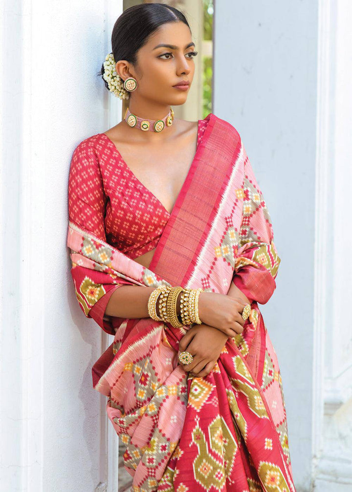 Shades Of Pink Patola Printed Dola Silk Saree | Stitched Blouse - qivii