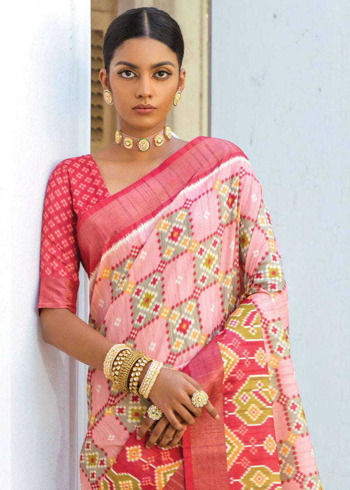 Shades Of Pink Patola Printed Dola Silk Saree | Stitched Blouse - qivii