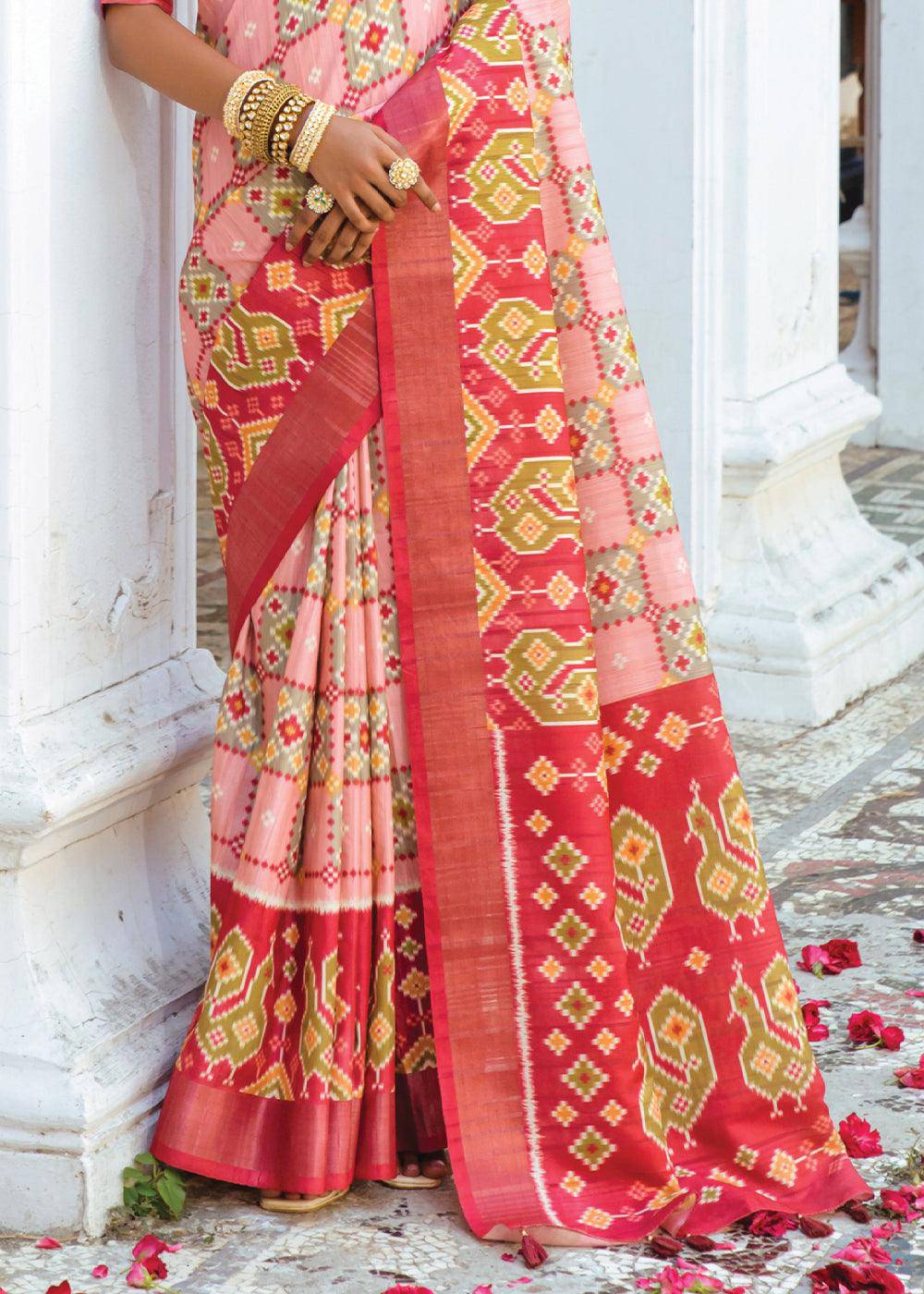 Shades Of Pink Patola Printed Dola Silk Saree | Stitched Blouse - qivii