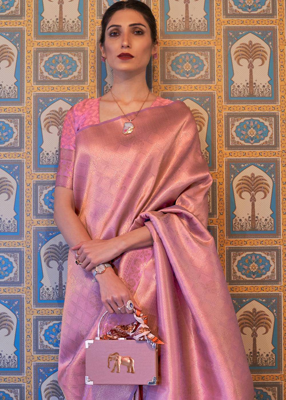 Shades Of Pink Soft Handloom Weave Kanjivaram Silk Saree : Festival Edition | Stitched Blouse - qivii