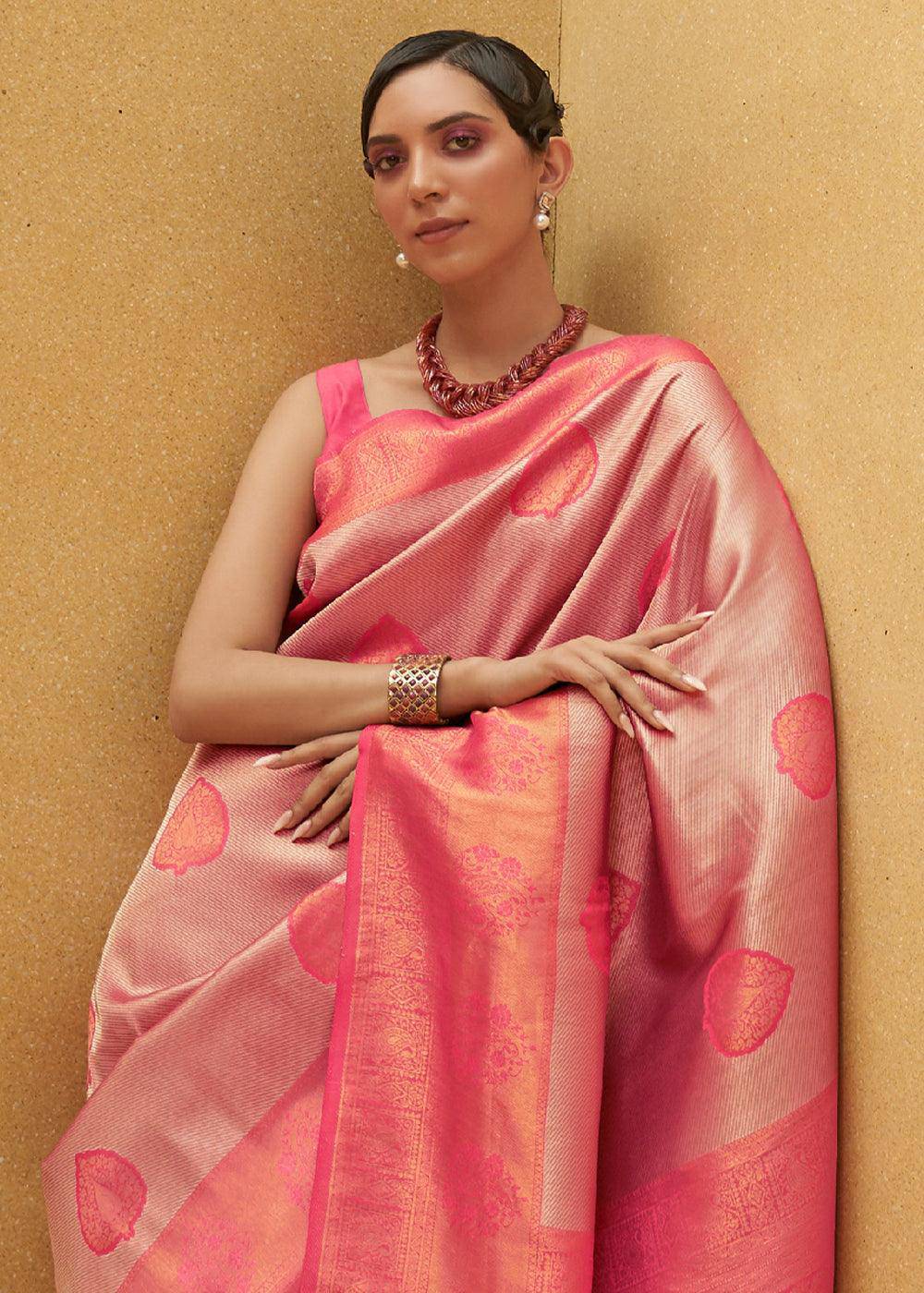 Shades Of Pink Two Tone Woven Silk Saree | Stitched Blouse - qivii