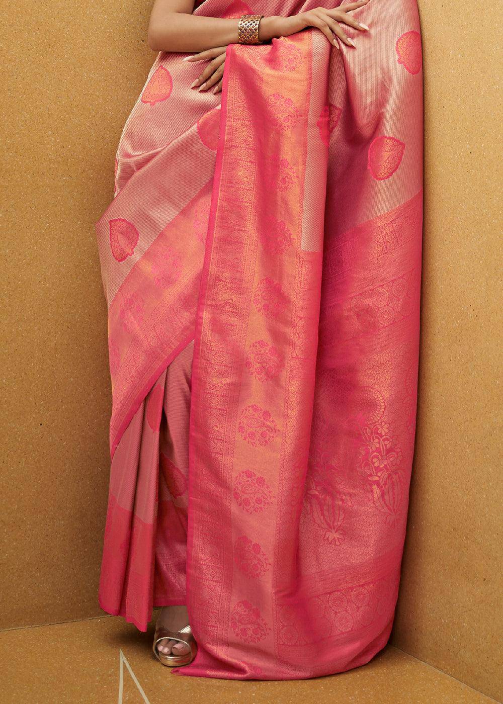 Shades Of Pink Two Tone Woven Silk Saree | Stitched Blouse - qivii