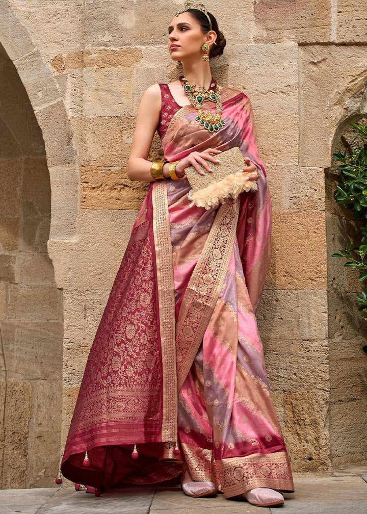 Shades Of Pink Viscose Silk Saree with Aqua Finish work | Stitched Blouse - qivii