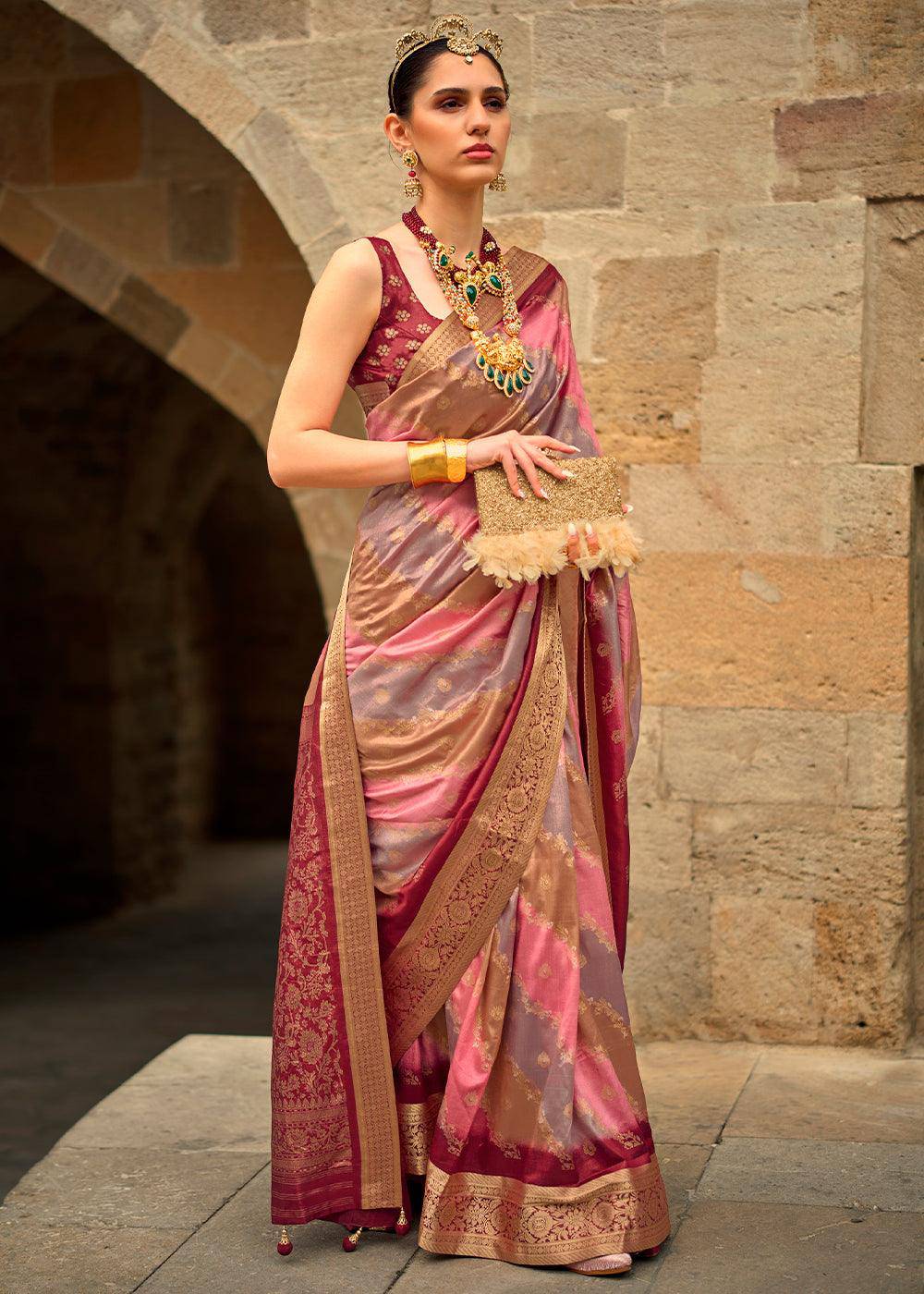 Shades Of Pink Viscose Silk Saree with Aqua Finish work | Stitched Blouse - qivii