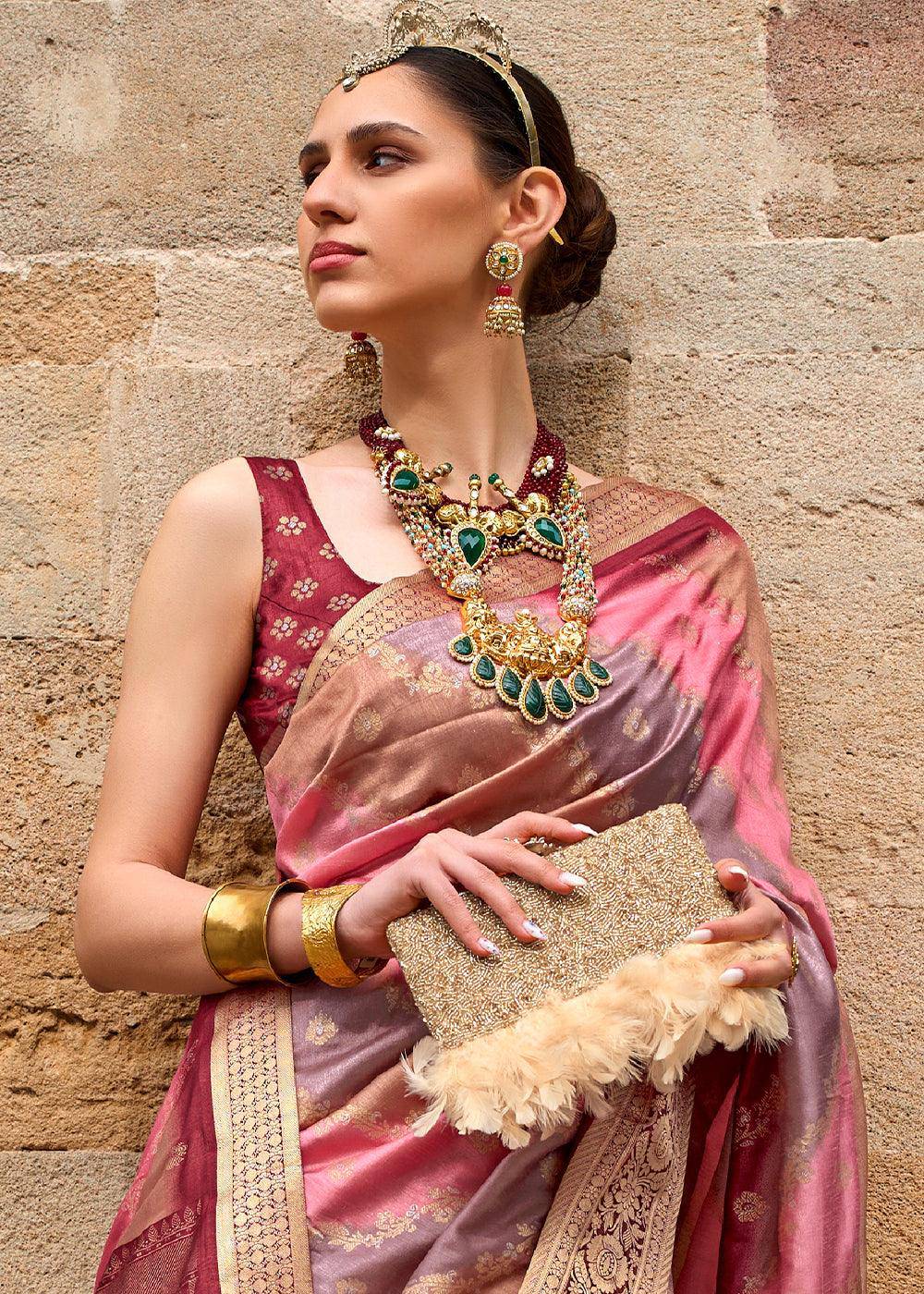 Shades Of Pink Viscose Silk Saree with Aqua Finish work | Stitched Blouse - qivii