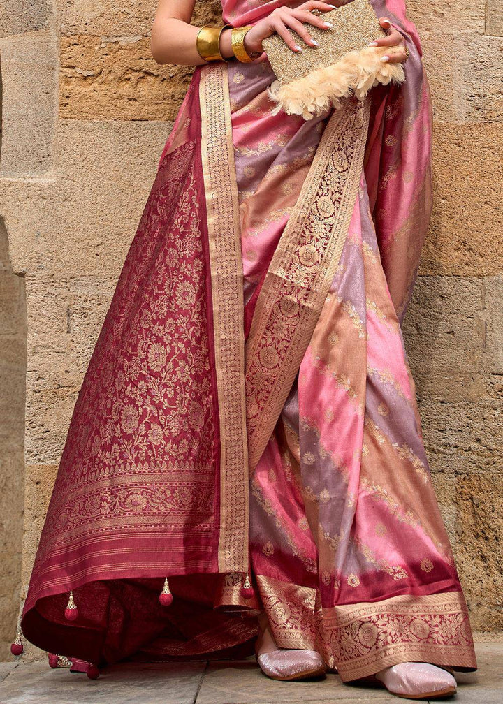 Shades Of Pink Viscose Silk Saree with Aqua Finish work | Stitched Blouse - qivii