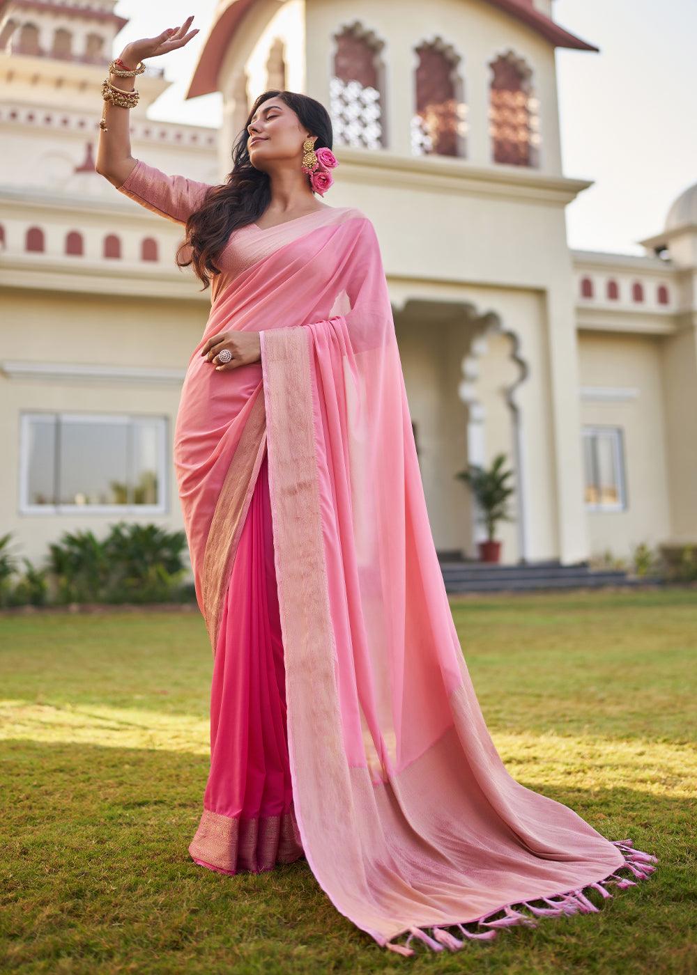 Shades Of Pink Woven Georgette Saree - qivii