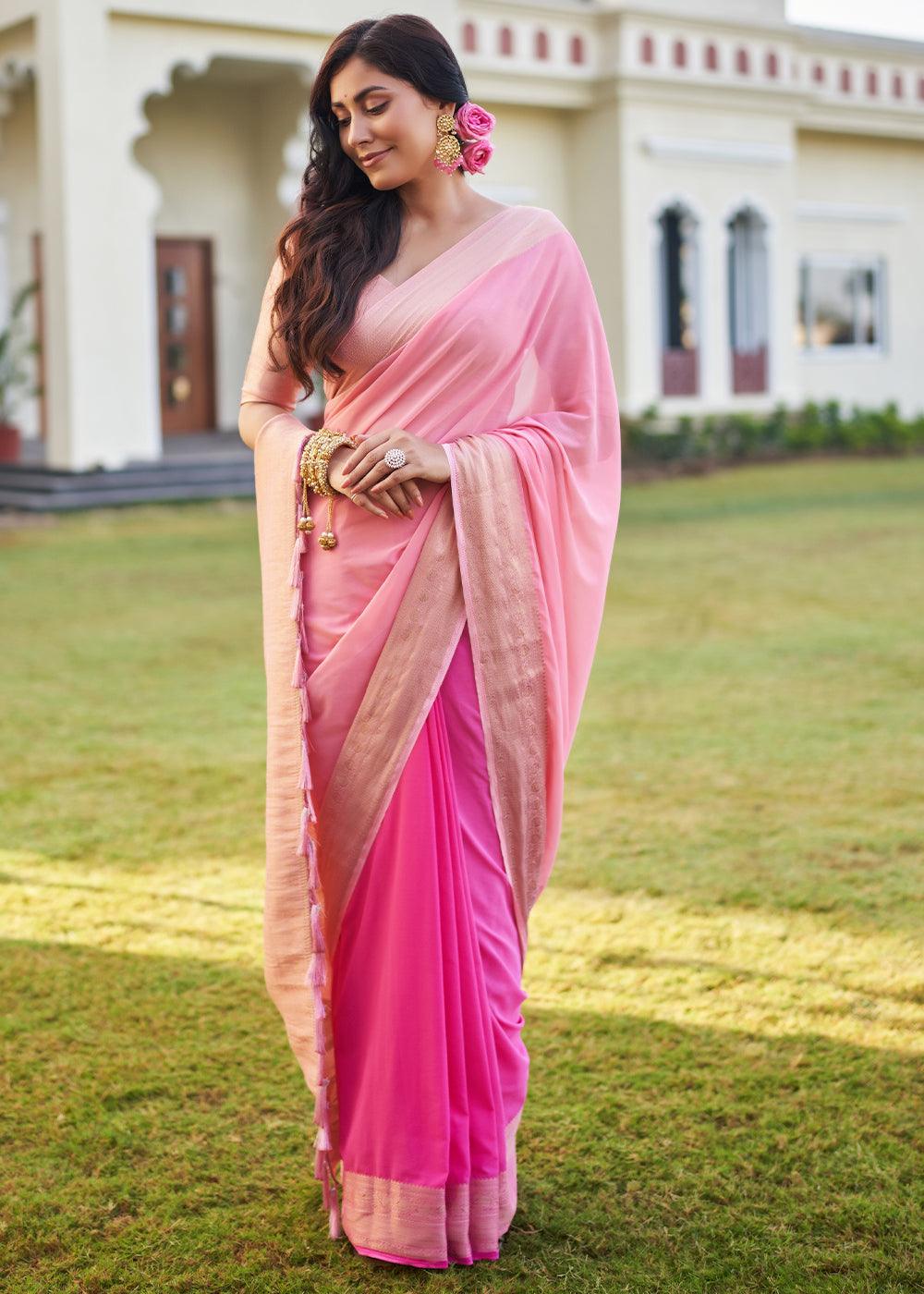 Shades Of Pink Woven Georgette Saree - qivii