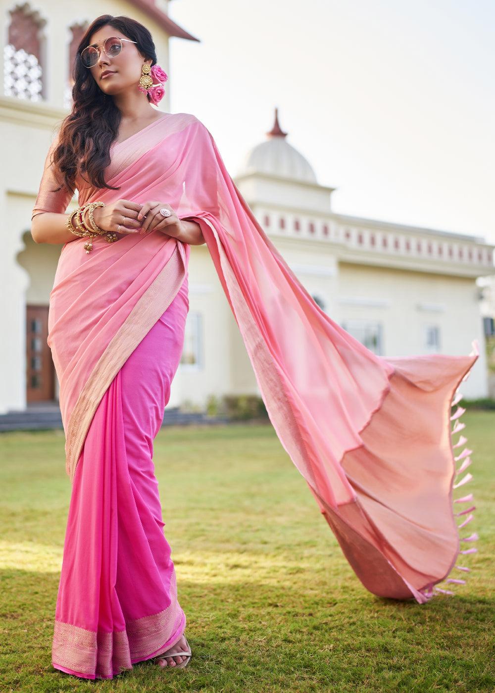 Shades Of Pink Woven Georgette Saree - qivii