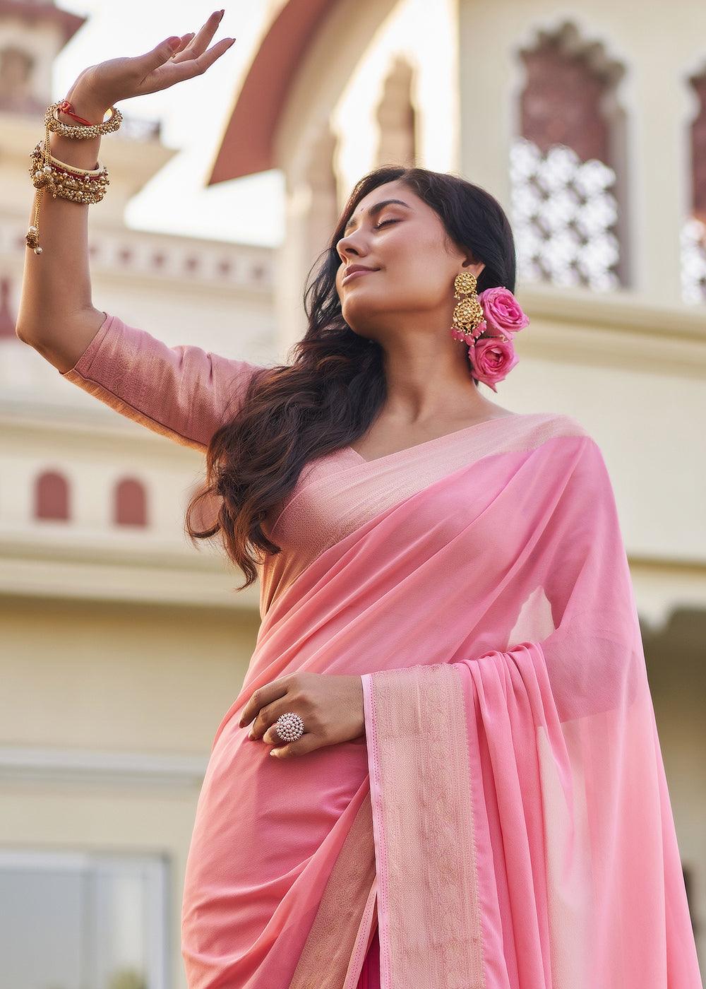 Shades Of Pink Woven Georgette Saree - qivii