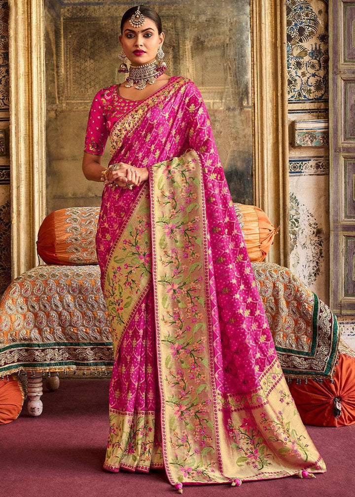 Shades Of Pink Woven Patola Printed Dola Silk Saree with Heavy Embroidered Blouse | Stitched Blouse - qivii