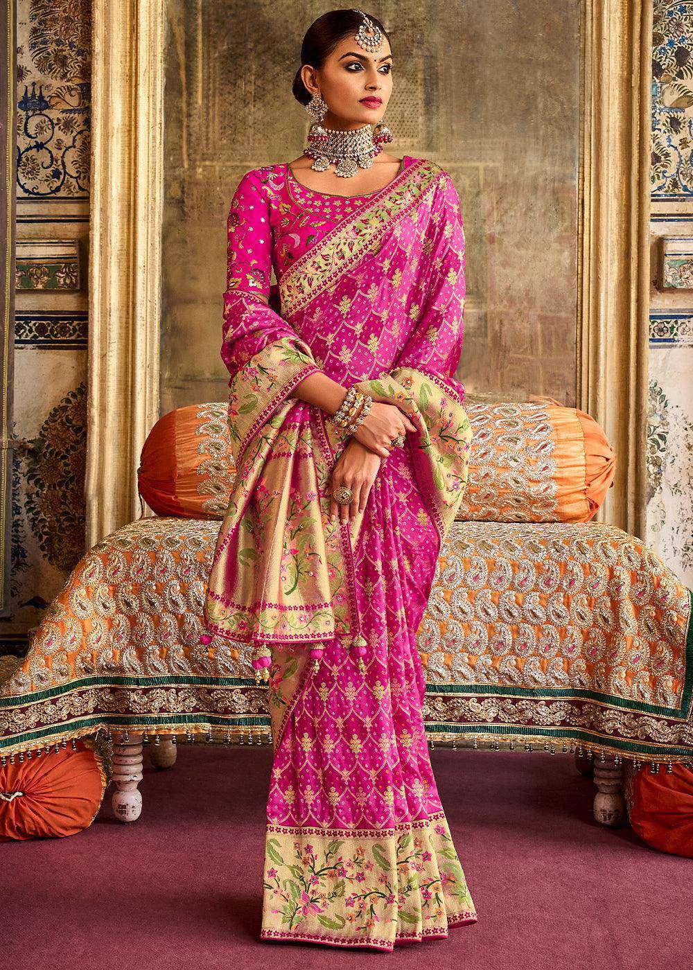 Shades Of Pink Woven Patola Printed Dola Silk Saree with Heavy Embroidered Blouse | Stitched Blouse - qivii