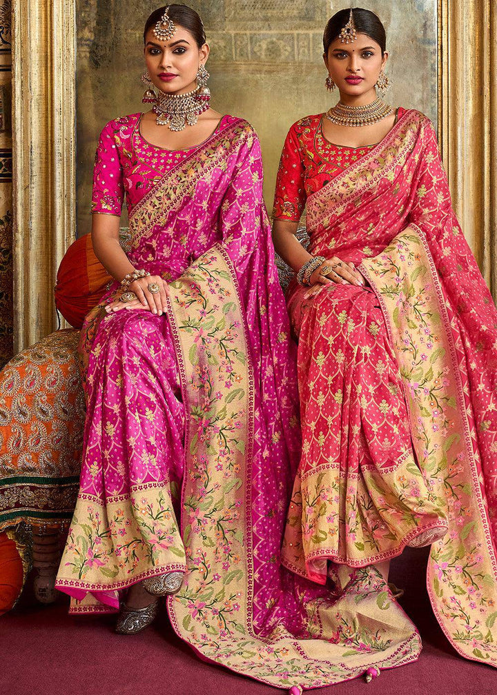 Shades Of Pink Woven Patola Printed Dola Silk Saree with Heavy Embroidered Blouse | Stitched Blouse - qivii