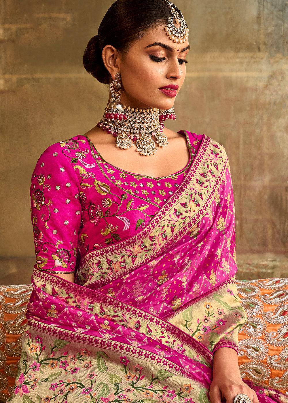 Shades Of Pink Woven Patola Printed Dola Silk Saree with Heavy Embroidered Blouse | Stitched Blouse - qivii