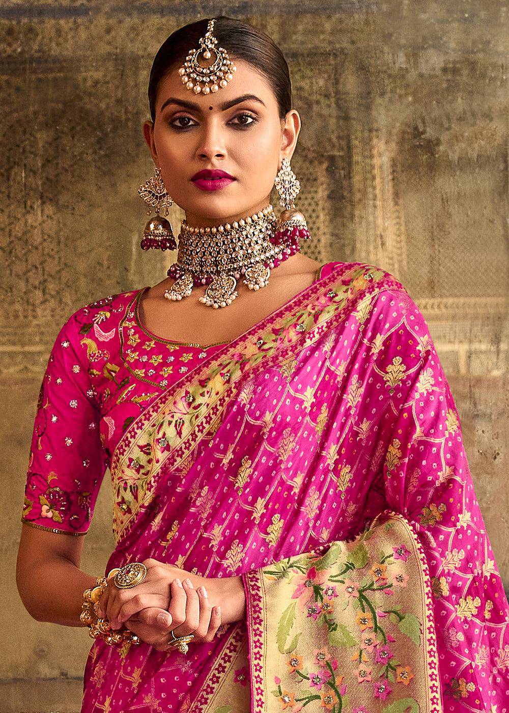 Shades Of Pink Woven Patola Printed Dola Silk Saree with Heavy Embroidered Blouse | Stitched Blouse - qivii