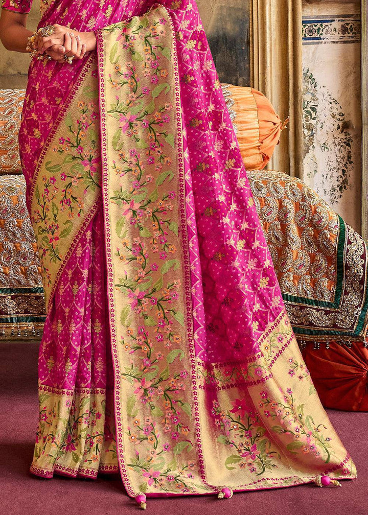 Shades Of Pink Woven Patola Printed Dola Silk Saree with Heavy Embroidered Blouse | Stitched Blouse - qivii