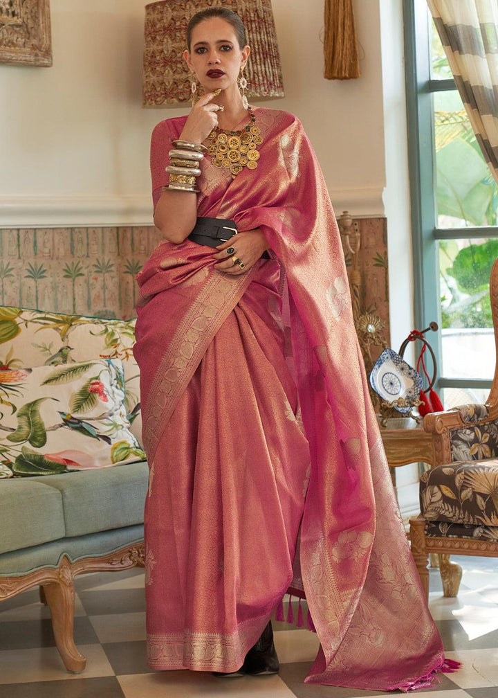 Shades Of Pink Woven Satin Tissue Silk Saree - qivii