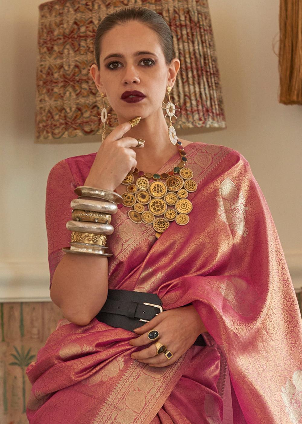 Shades Of Pink Woven Satin Tissue Silk Saree - qivii