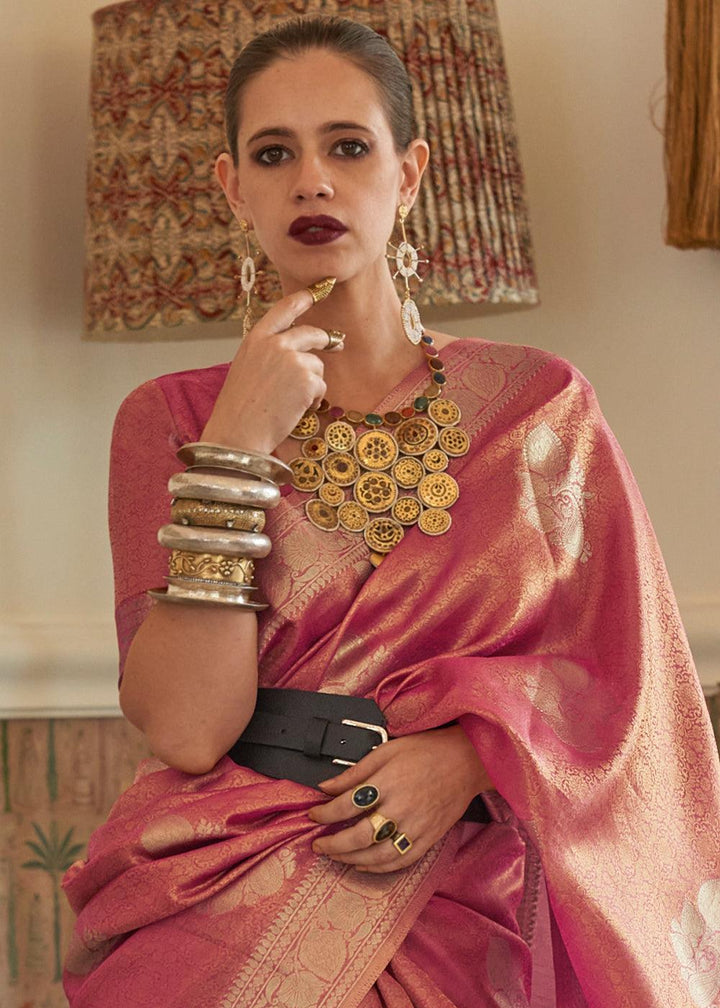 Shades Of Pink Woven Satin Tissue Silk Saree - qivii