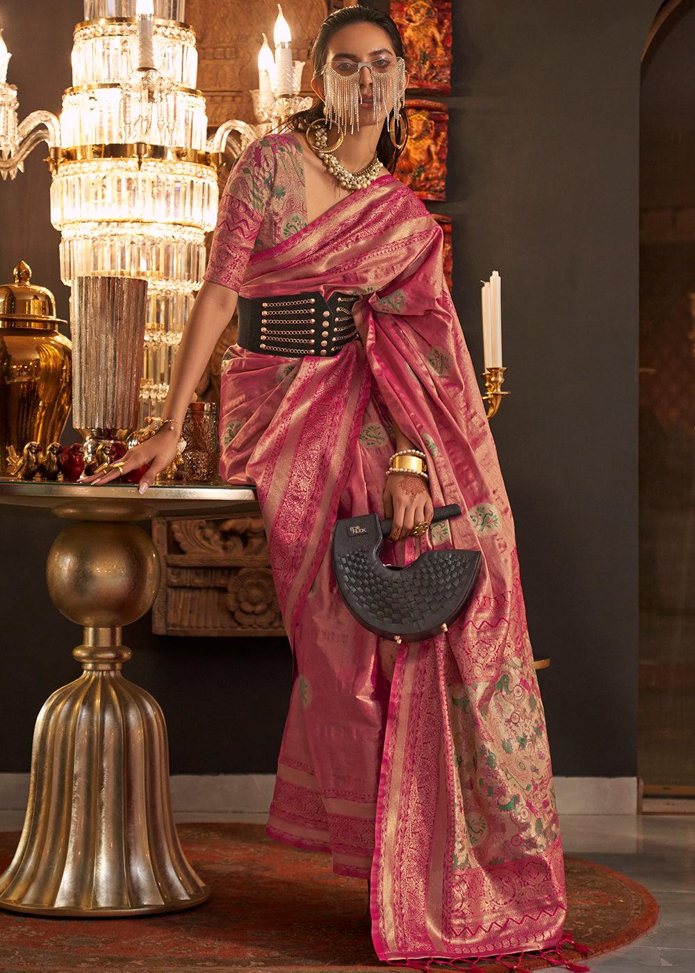 Shades Of Pink Zari Handloom Woven Designer Silk Saree - qivii